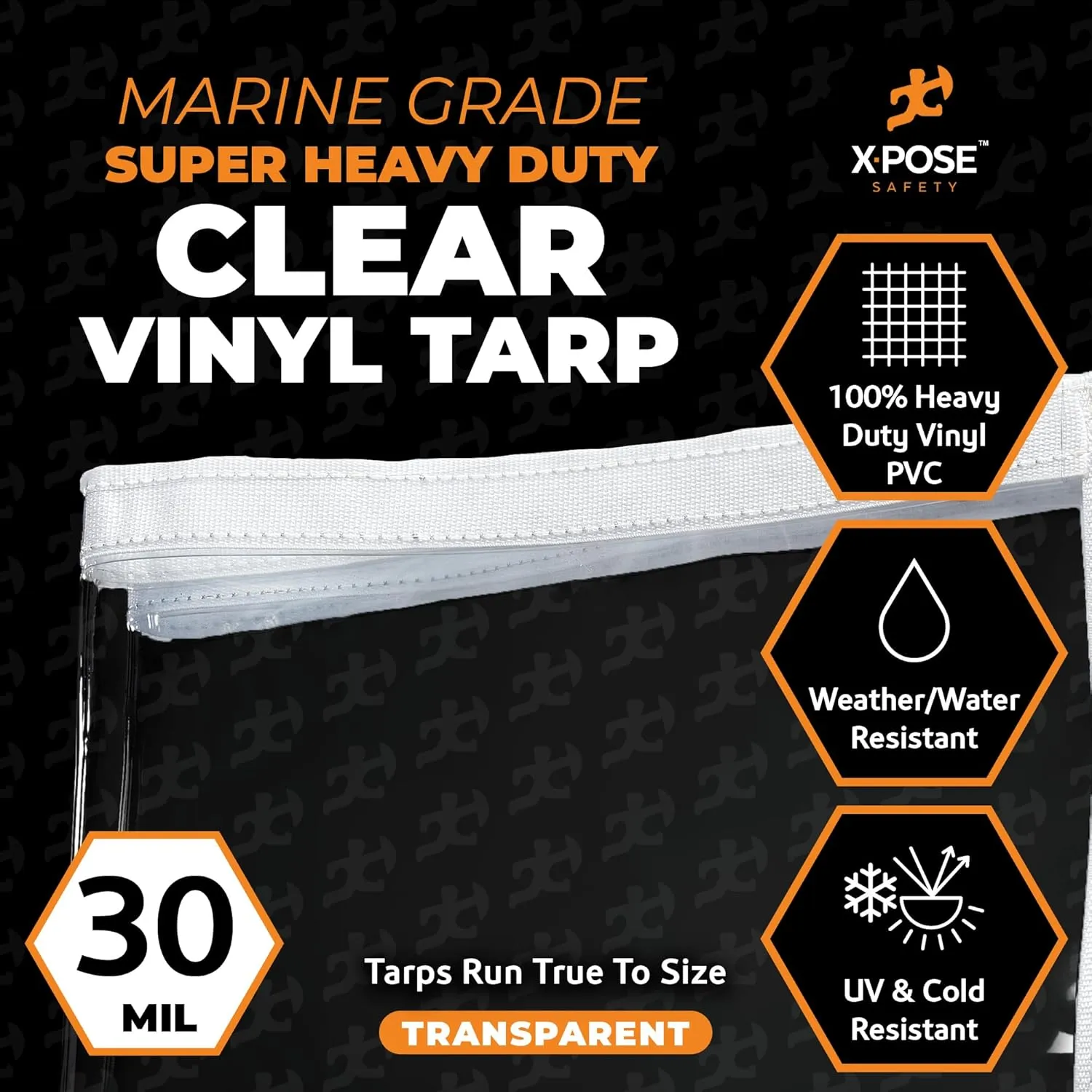8' x 10' Clear Vinyl Tarp - 30 Mil Super Heavy Duty Transparent Waterproof PVC Tarpaulin with Brass Grommets - for Patio Enclosure, Temporary Wall, Camping, Tent Cover, Canopy - by Xpose Safety