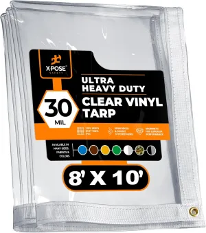 8' x 10' Clear Vinyl Tarp - 30 Mil Super Heavy Duty Transparent Waterproof PVC Tarpaulin with Brass Grommets - for Patio Enclosure, Temporary Wall, Camping, Tent Cover, Canopy - by Xpose Safety