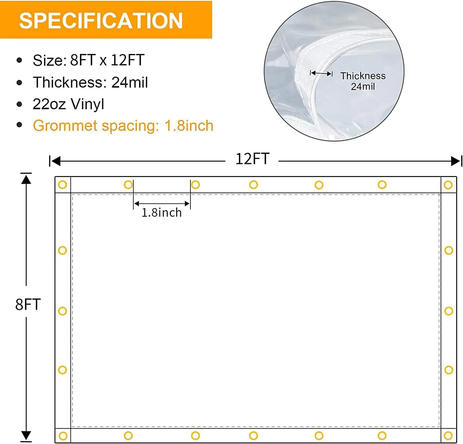 8 x 12FT Outdoor Clear Tarp Curtain Waterproof Wind-Proof 24 Mil Transparent Vinyl Tarp for Patio Pergola Garden Canopy Rainproof Anti-Tear PVC Thick Cover with Grommets