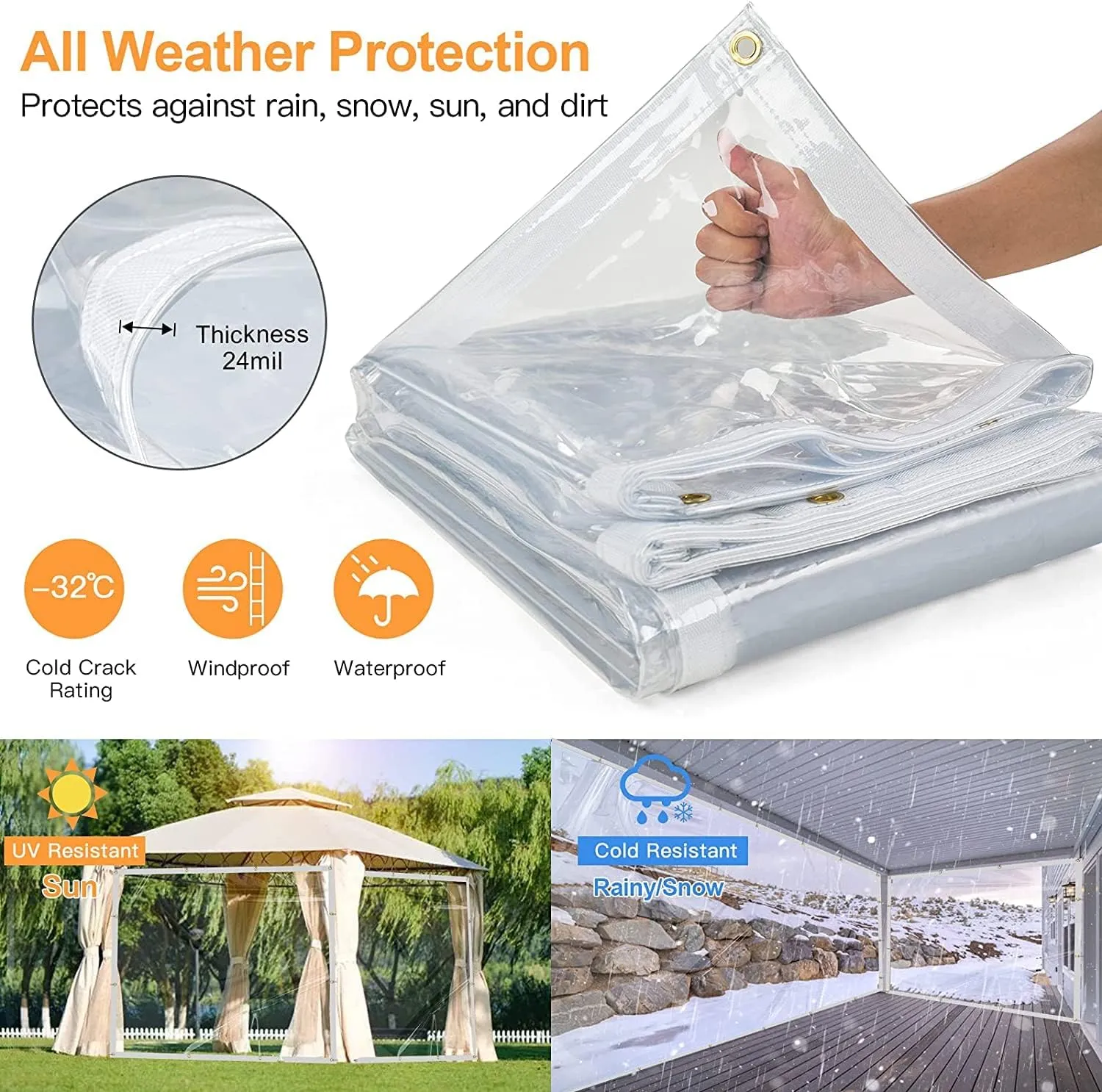 8 x 12FT Outdoor Clear Tarp Curtain Waterproof Wind-Proof 24 Mil Transparent Vinyl Tarp for Patio Pergola Garden Canopy Rainproof Anti-Tear PVC Thick Cover with Grommets