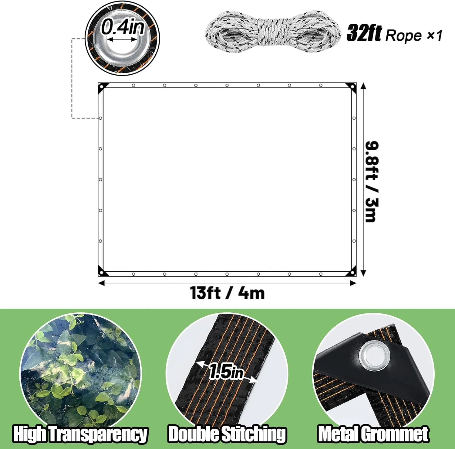 9.8 x 13 ft Thicken Clear Tarp Waterproof - 5 mil Anti-Tear Garden Rainproof Transparent Poly Tarpaulin, Windproof & Snowproof Shed Cloth with Grommets Rope for Covering Henhouse Porch Plant Camping