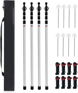 98.42'' Aluminum Camping Tarp Poles Adjustable,Telescoping & Portable Tent Poles Replacement (4 Pack), it Comes with 8 Metal Stake, 8 Guy Line Cord with Guyline Adjuster & 1 Storage Bag
