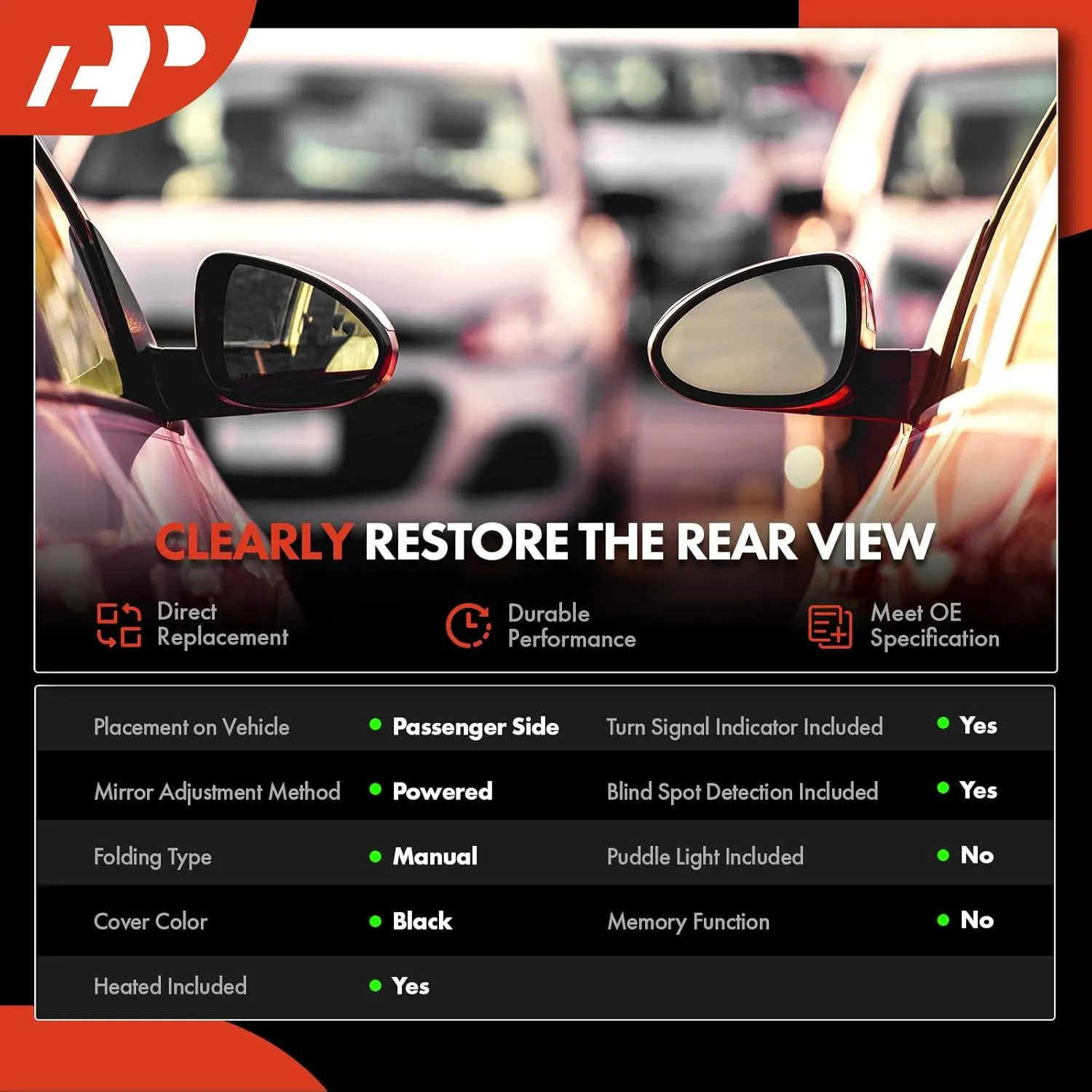 A-Premium Passenger Side Power Door Mirror - Compatible with Jeep Compass 2017-2023 - Heated Manual Folding Black Outside Rear View Mirror w/Turn Signal Blind Spot Detection