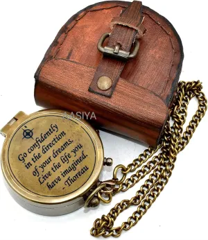 AASIYA Brass Nautical Pocket Compass with Chain and Leather Case for Travel Hiking Thoreau Go Confidently in The Direction of Your Dream Quote Engravable Outdoor Compass