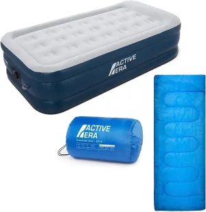 Active Era Overnight Bundle Twin Air Mattress and 3 Season Sleeping Bag - Elevated Inflatable Mattress with Built in Pump and Raised Pillow & Lightweight, Compact Sleeping Bag and Blanket
