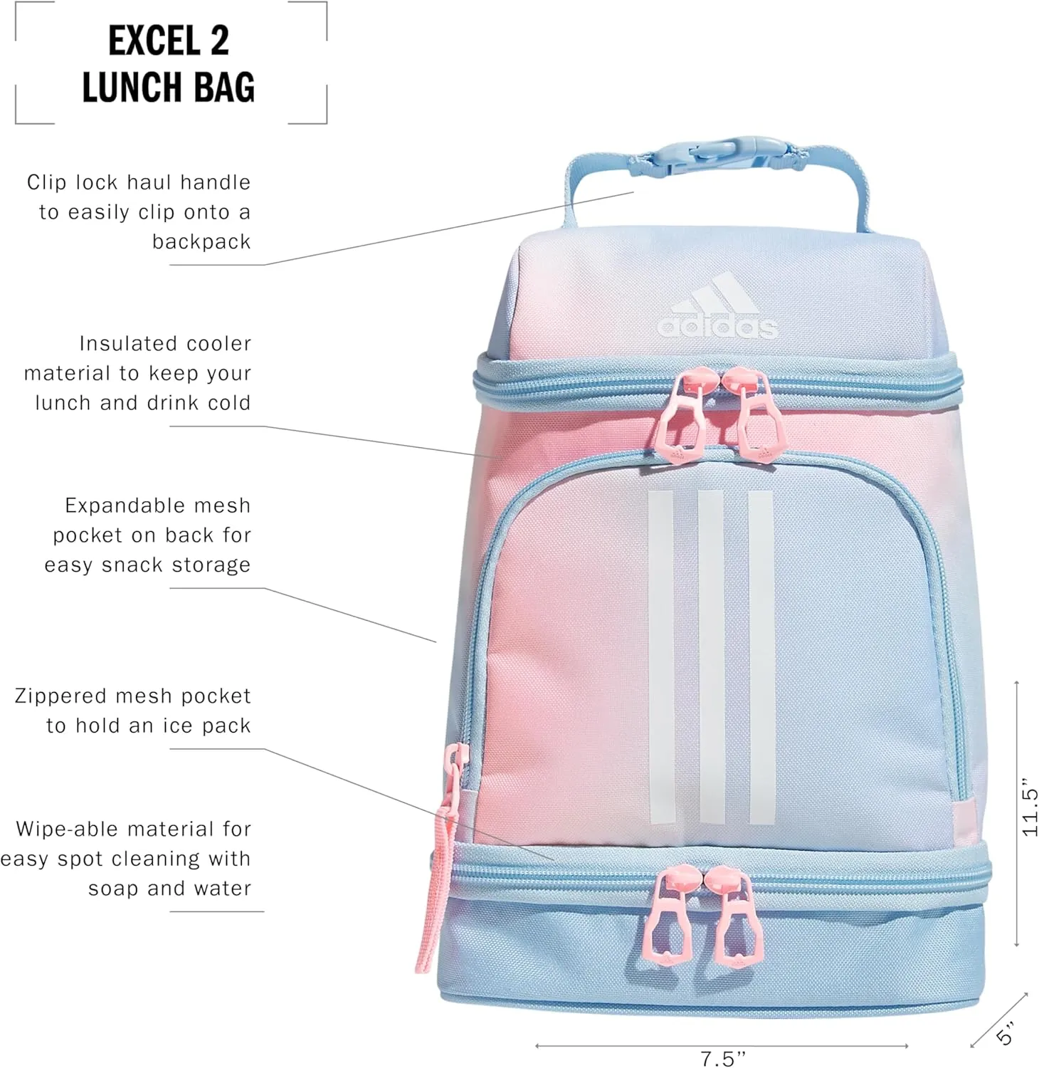 adidas Excel Bag, Cooler with Zipper, Pocket for Ice Pack, and Clip, Temperature Control Insulation, Lunch Dazed Gradient Clear Sky/Clear Sky Blue/Pink Spark, One Size