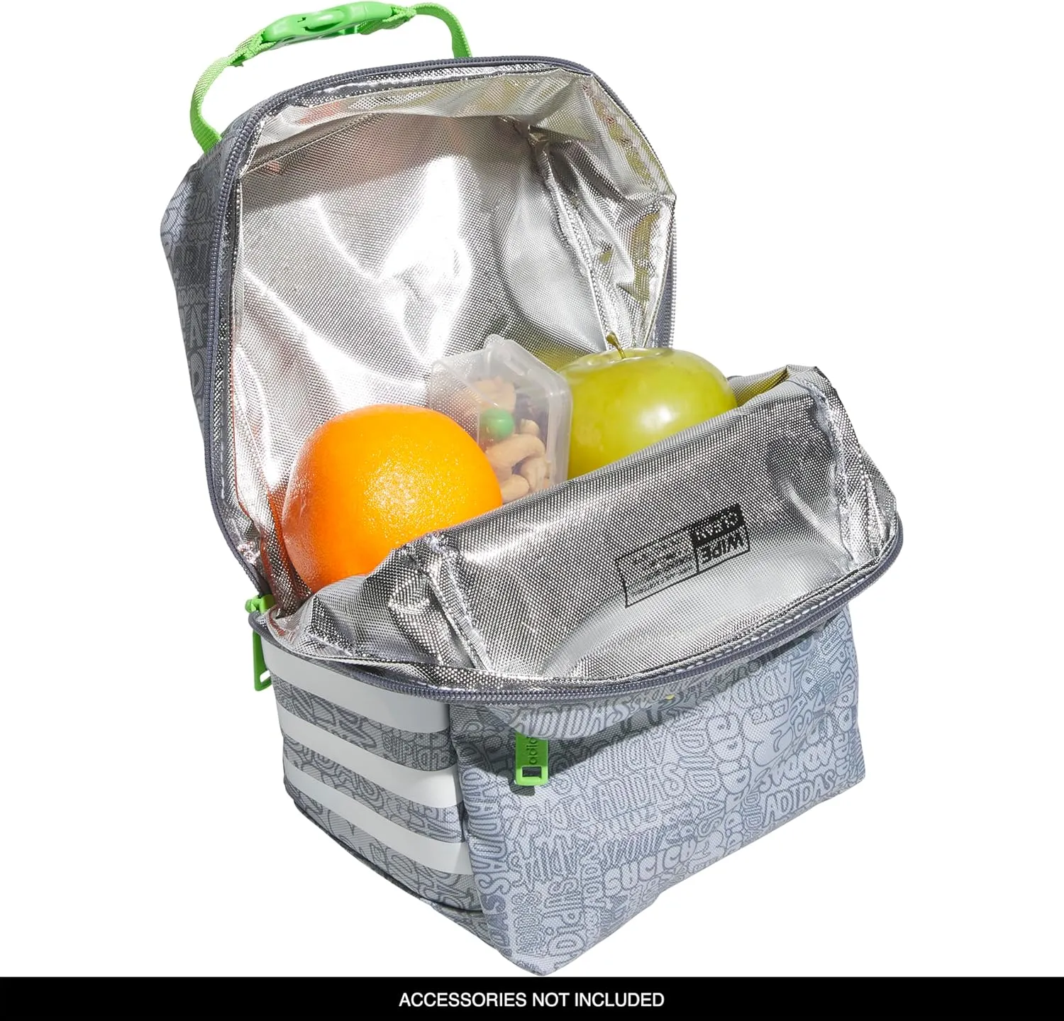 adidas Santiago Lunch Bag Cooler for Women and Men, Insulated Food Container Box with Mesh Pocket, Adi Font Madness Stone Grey/Grey/Lucid Lime Green/3.0, One Size