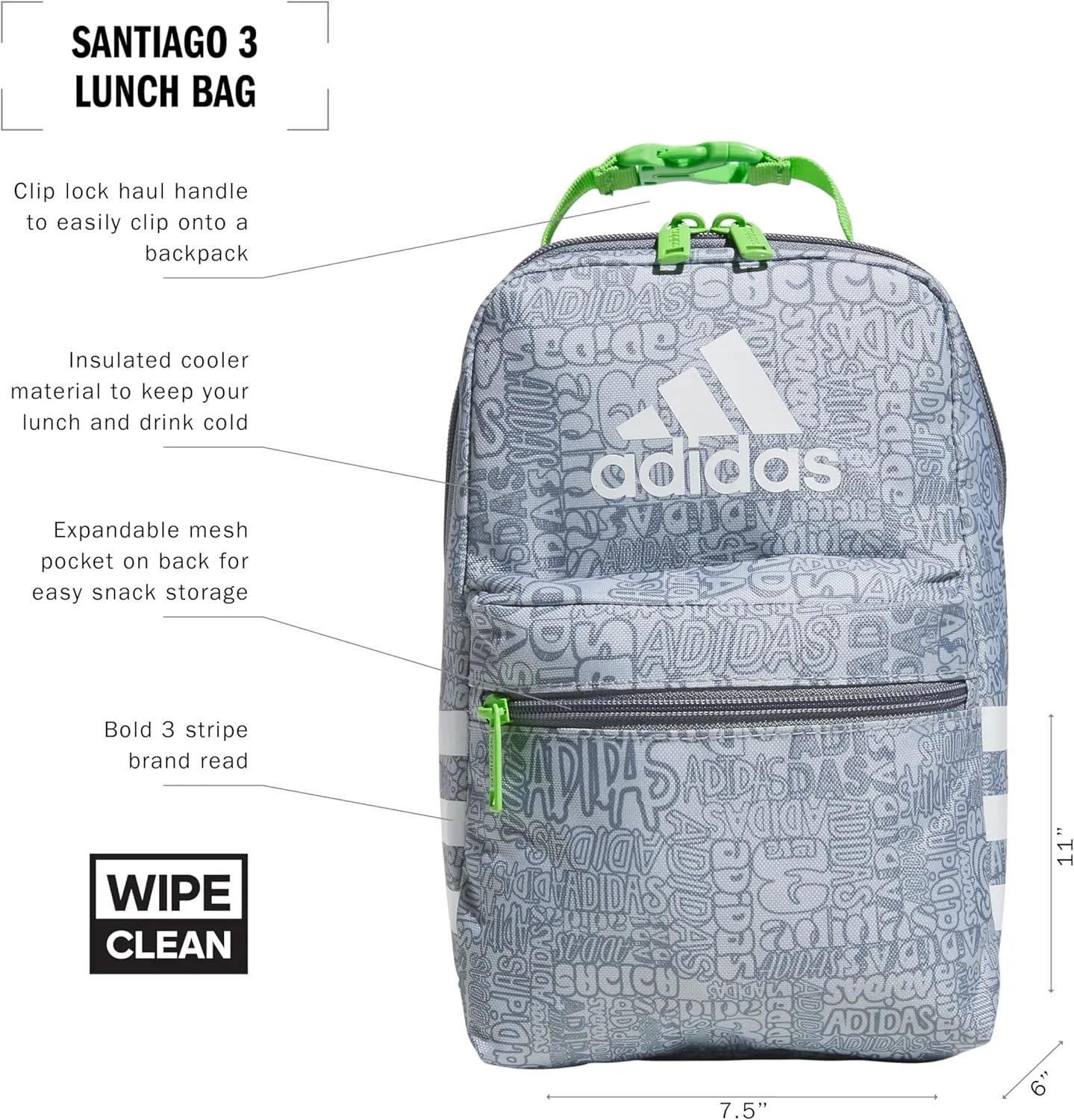 adidas Santiago Lunch Bag Cooler for Women and Men, Insulated Food Container Box with Mesh Pocket, Adi Font Madness Stone Grey/Grey/Lucid Lime Green/3.0, One Size