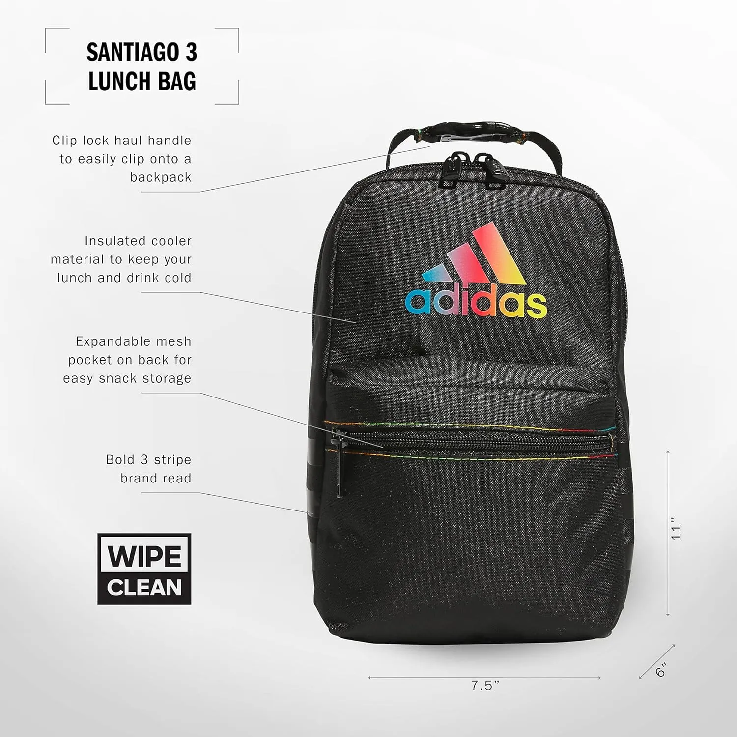 adidas Santiago Lunch Bag Cooler for Women and Men, Insulated Food Container Box with Mesh Pocket, Black Rainbow/3.0, One Size