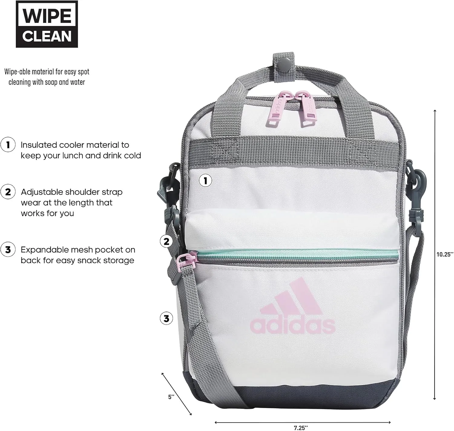 adidas Squad Insulated Lunch Bag (7L) Food Container Carry Box for Kids/Adults Discontinued, White/Orchid Fusion Purple, One Size