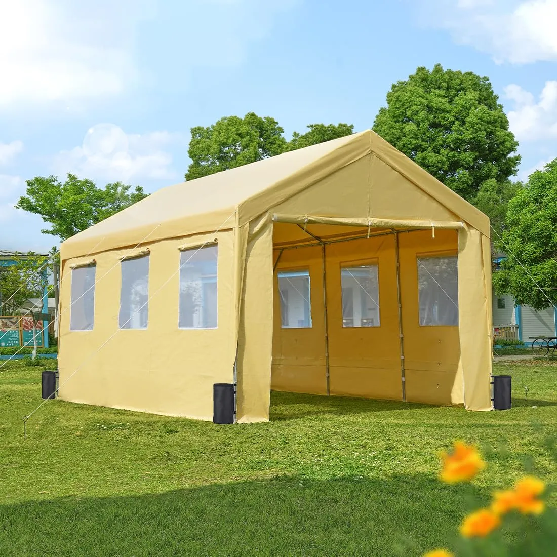 ADVANCE OUTDOOR 12x20 ft Heavy Duty Carports with 6 Roll-up Ventilated Windows & Removable Sidewalls Car Canopy Garage Boat Shelter Party Tent, Adjustable Peak Height from 9.5ft to 11ft, Yellow