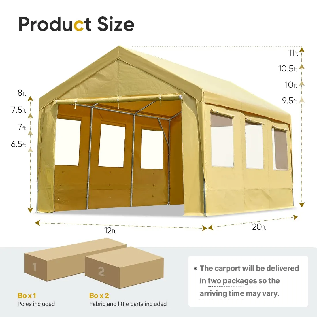 ADVANCE OUTDOOR 12x20 ft Heavy Duty Carports with 6 Roll-up Ventilated Windows & Removable Sidewalls Car Canopy Garage Boat Shelter Party Tent, Adjustable Peak Height from 9.5ft to 11ft, Yellow