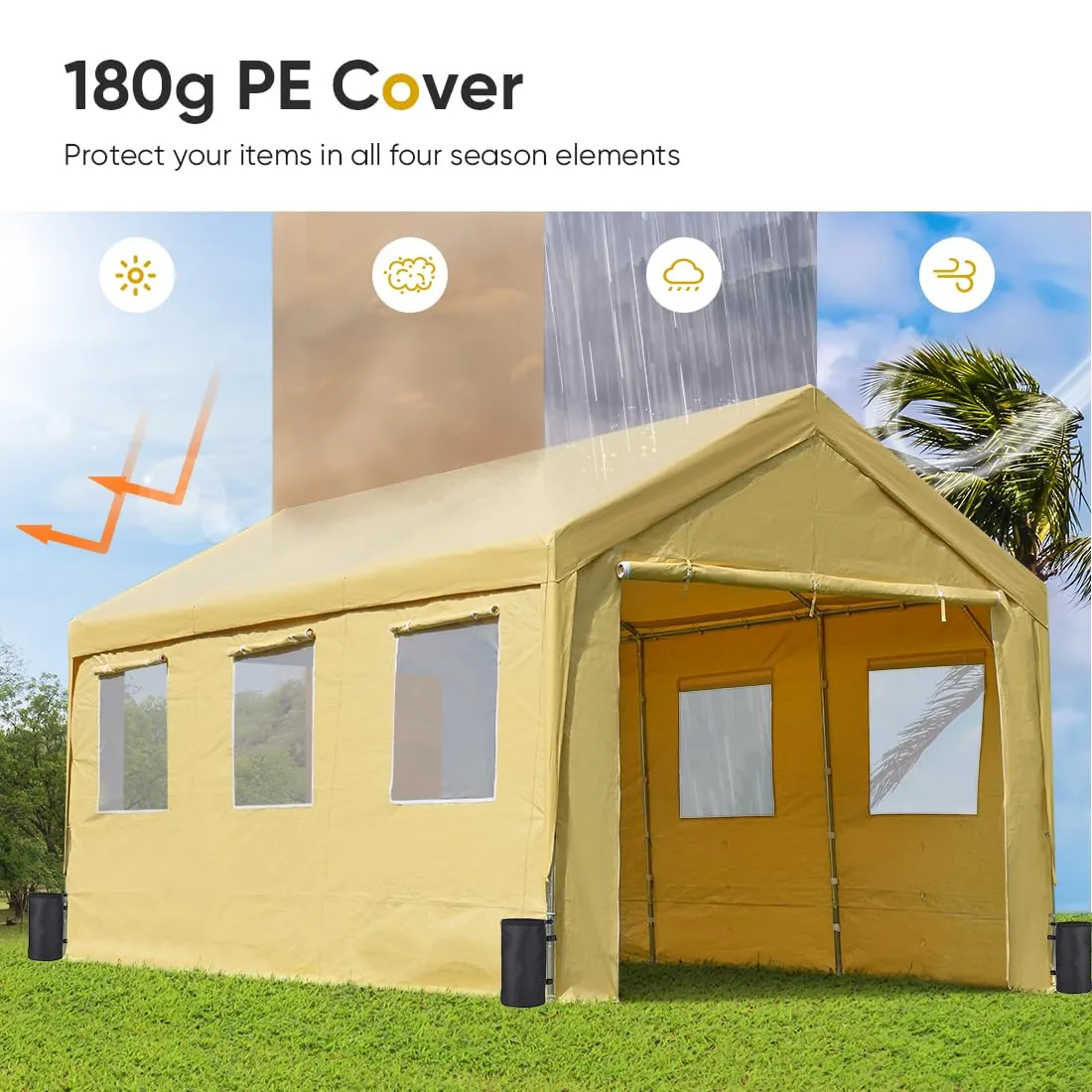 ADVANCE OUTDOOR 12x20 ft Heavy Duty Carports with 6 Roll-up Ventilated Windows & Removable Sidewalls Car Canopy Garage Boat Shelter Party Tent, Adjustable Peak Height from 9.5ft to 11ft, Yellow