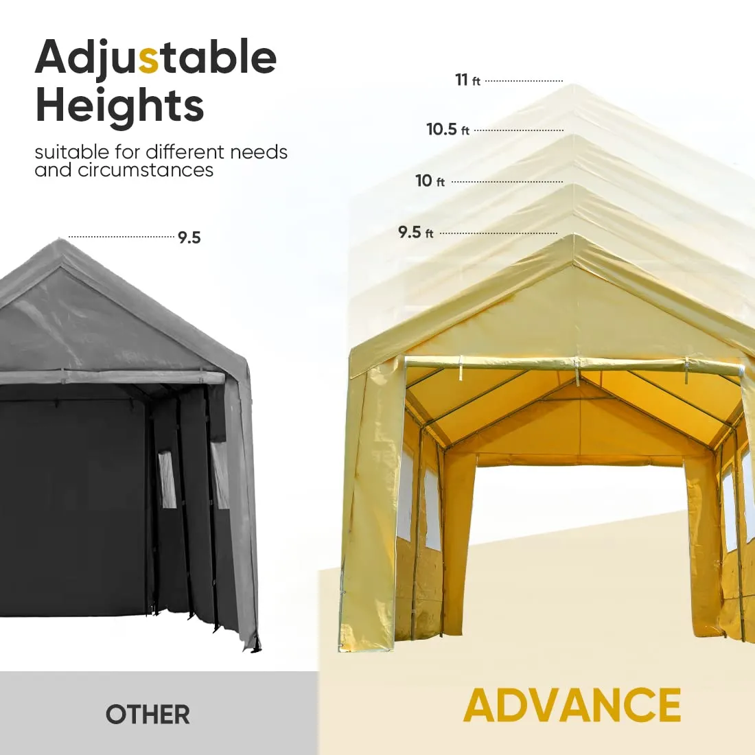 ADVANCE OUTDOOR 12x20 ft Heavy Duty Carports with 6 Roll-up Ventilated Windows & Removable Sidewalls Car Canopy Garage Boat Shelter Party Tent, Adjustable Peak Height from 9.5ft to 11ft, Yellow