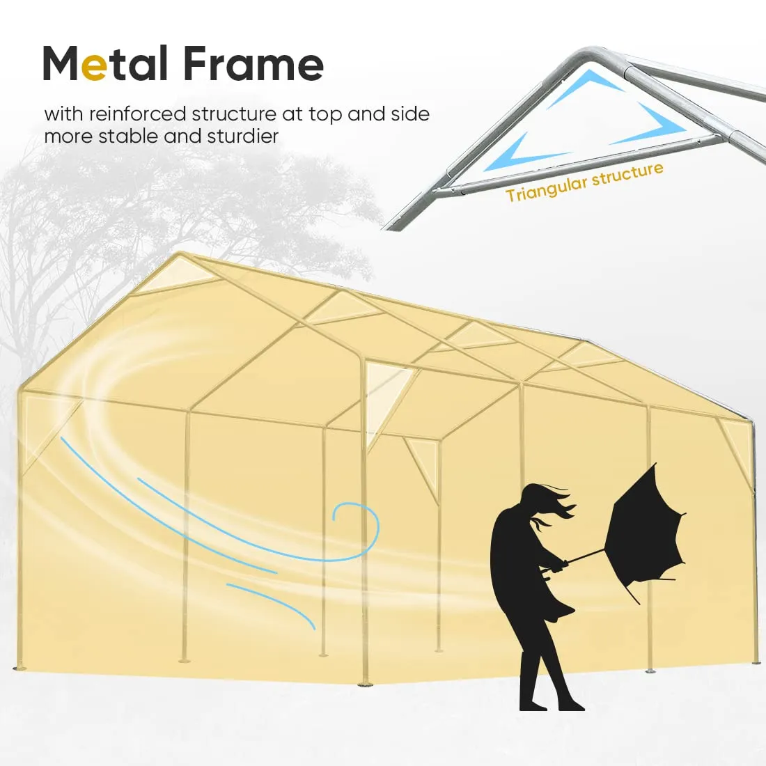 ADVANCE OUTDOOR 12x20 ft Heavy Duty Carports with 6 Roll-up Ventilated Windows & Removable Sidewalls Car Canopy Garage Boat Shelter Party Tent, Adjustable Peak Height from 9.5ft to 11ft, Yellow