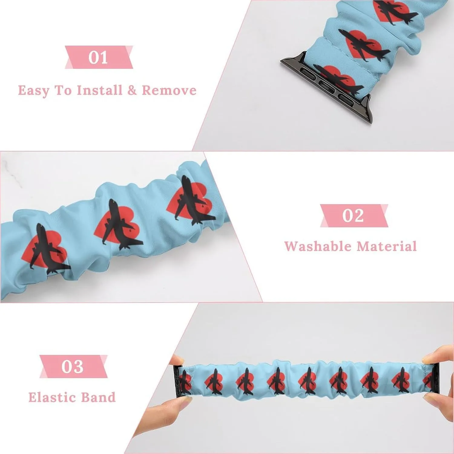 Airplane with Heart Fashion Watch Strap Scrunchies Wristbands Compatible With IWatch Series
