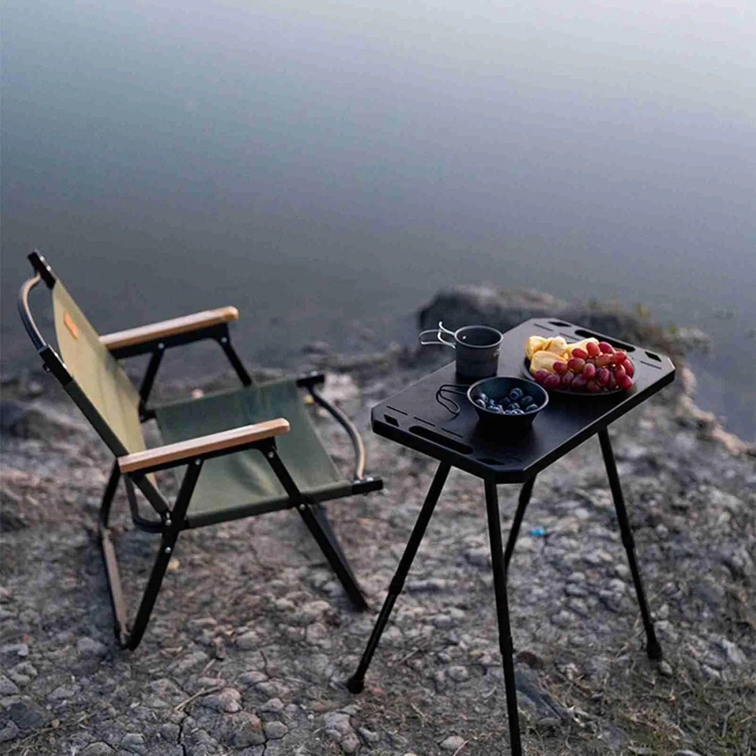 Aluminum Alloy Lightweight Folding Camping Table Adjustable Height Picnic Desk Wood Grain Color (Black)