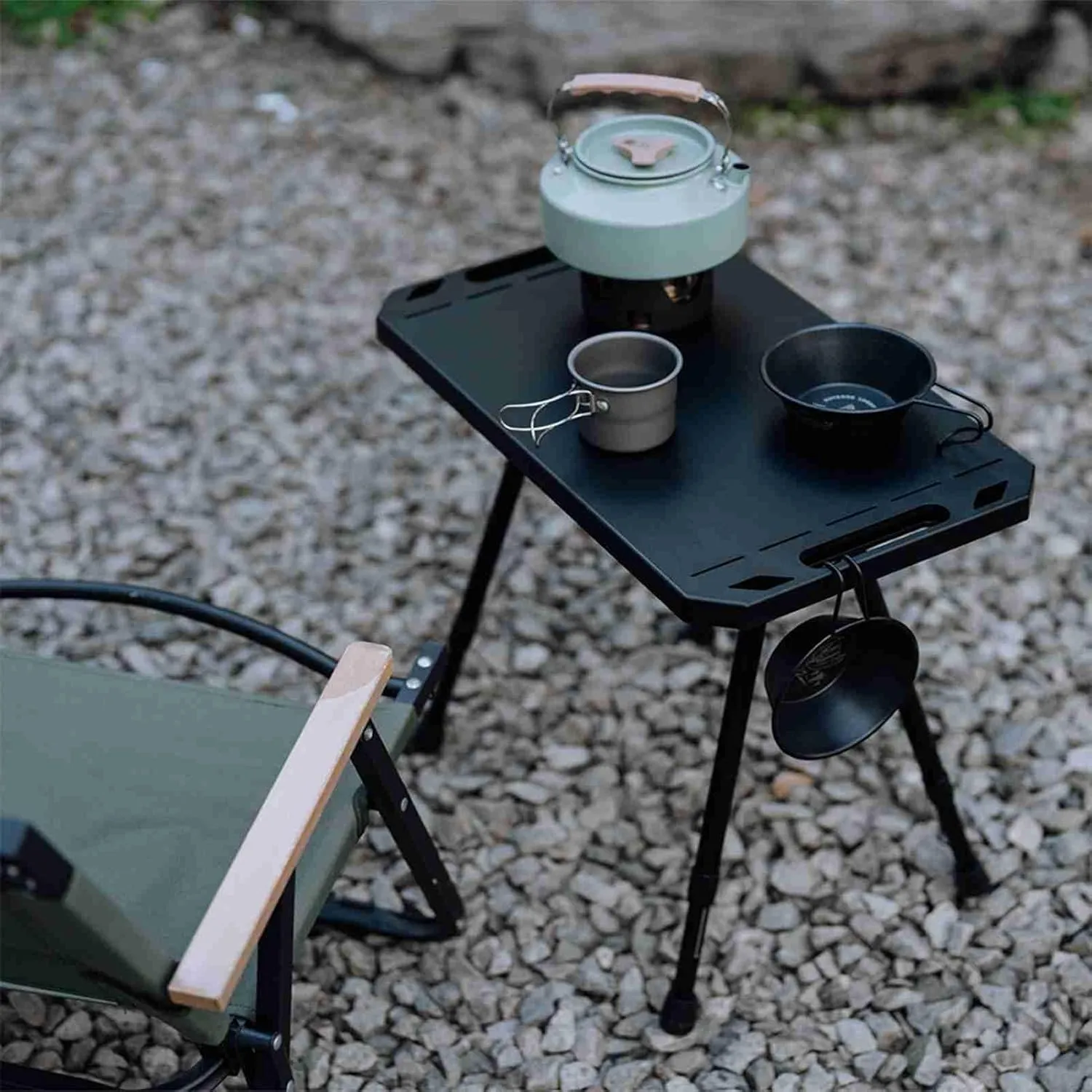 Aluminum Alloy Lightweight Folding Camping Table Adjustable Height Picnic Desk Wood Grain Color (Black)