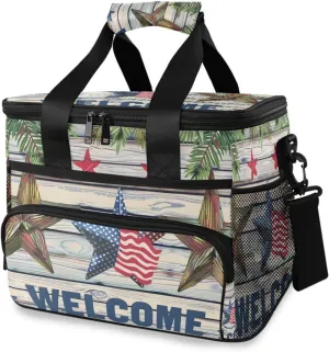 American Stars Wood Board Flag Cooler Bag Insulated Cooler Soft Sided Cooler 24 Can Portable Picnic Bag Large Leakproof Lunch Bag Box for Beach Grocery Camping Travel Car Men Women
