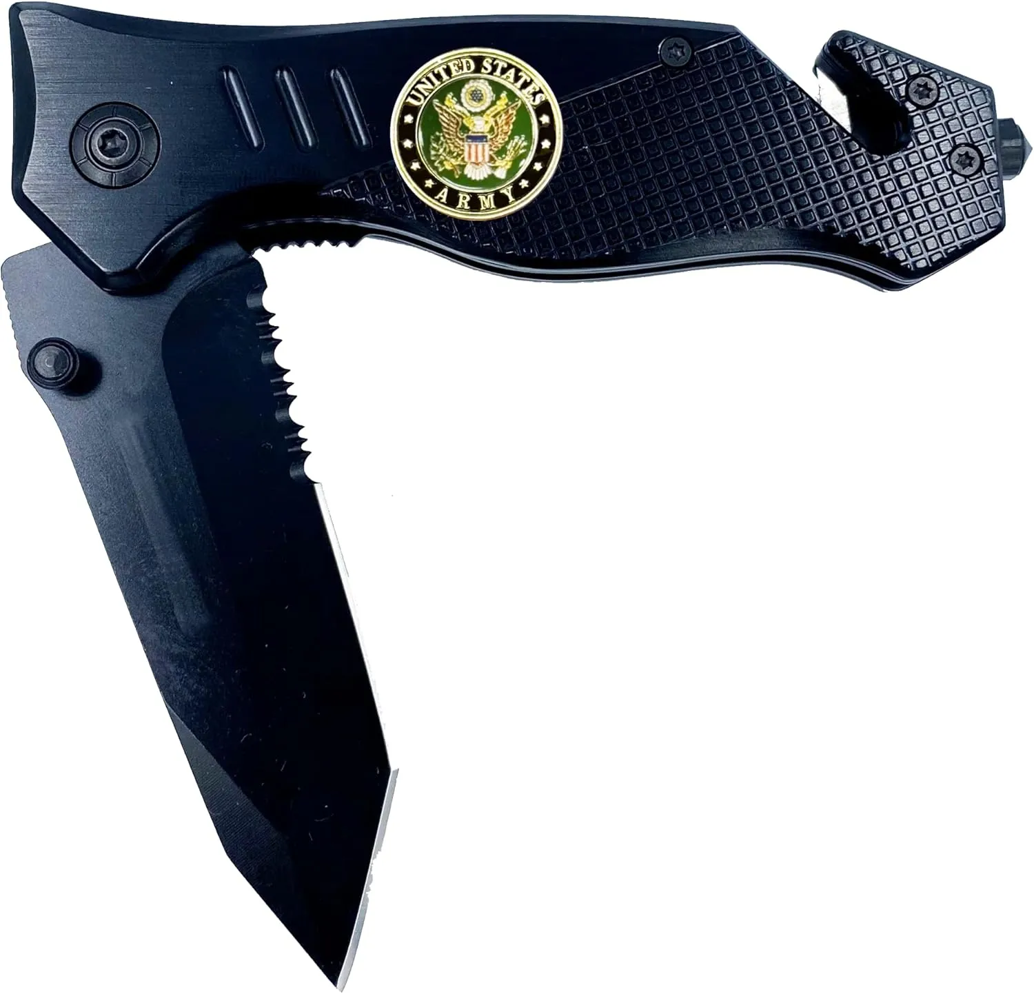 AMERICA'S FRONT LINE Army 3-in-1 Tactical Veteran Rescue tool knife with Seatbelt Cutter Steel Serrated Blade Glass