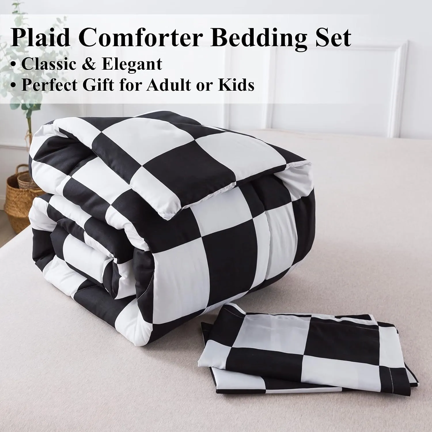 Andency Checkered Comforter Queen(90x90Inch), Black White Plaid Gingham Bed Set for Teen Boys Kids, Lightweight Microfiber Geometric Preppy Bedding，2 Pieces
