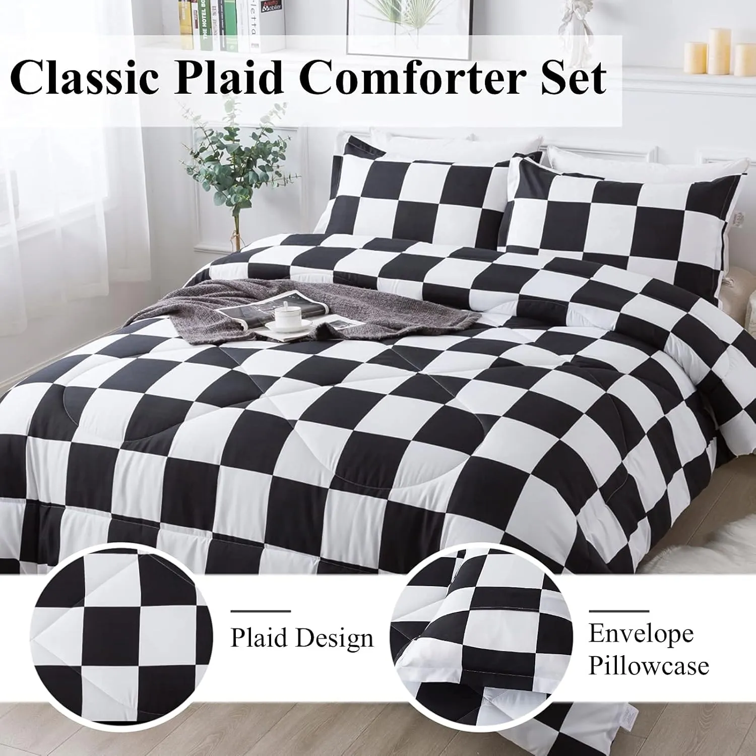 Andency Checkered Comforter Queen(90x90Inch), Black White Plaid Gingham Bed Set for Teen Boys Kids, Lightweight Microfiber Geometric Preppy Bedding，2 Pieces