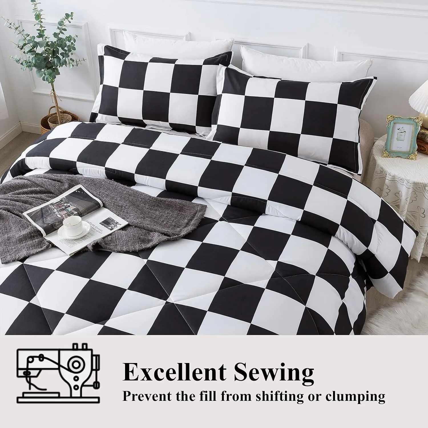 Andency Checkered Comforter Queen(90x90Inch), Black White Plaid Gingham Bed Set for Teen Boys Kids, Lightweight Microfiber Geometric Preppy Bedding，2 Pieces