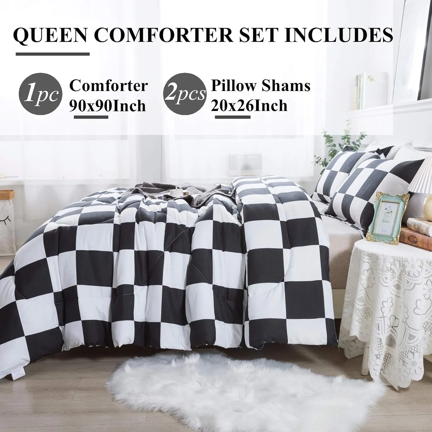 Andency Checkered Comforter Queen(90x90Inch), Black White Plaid Gingham Bed Set for Teen Boys Kids, Lightweight Microfiber Geometric Preppy Bedding，2 Pieces