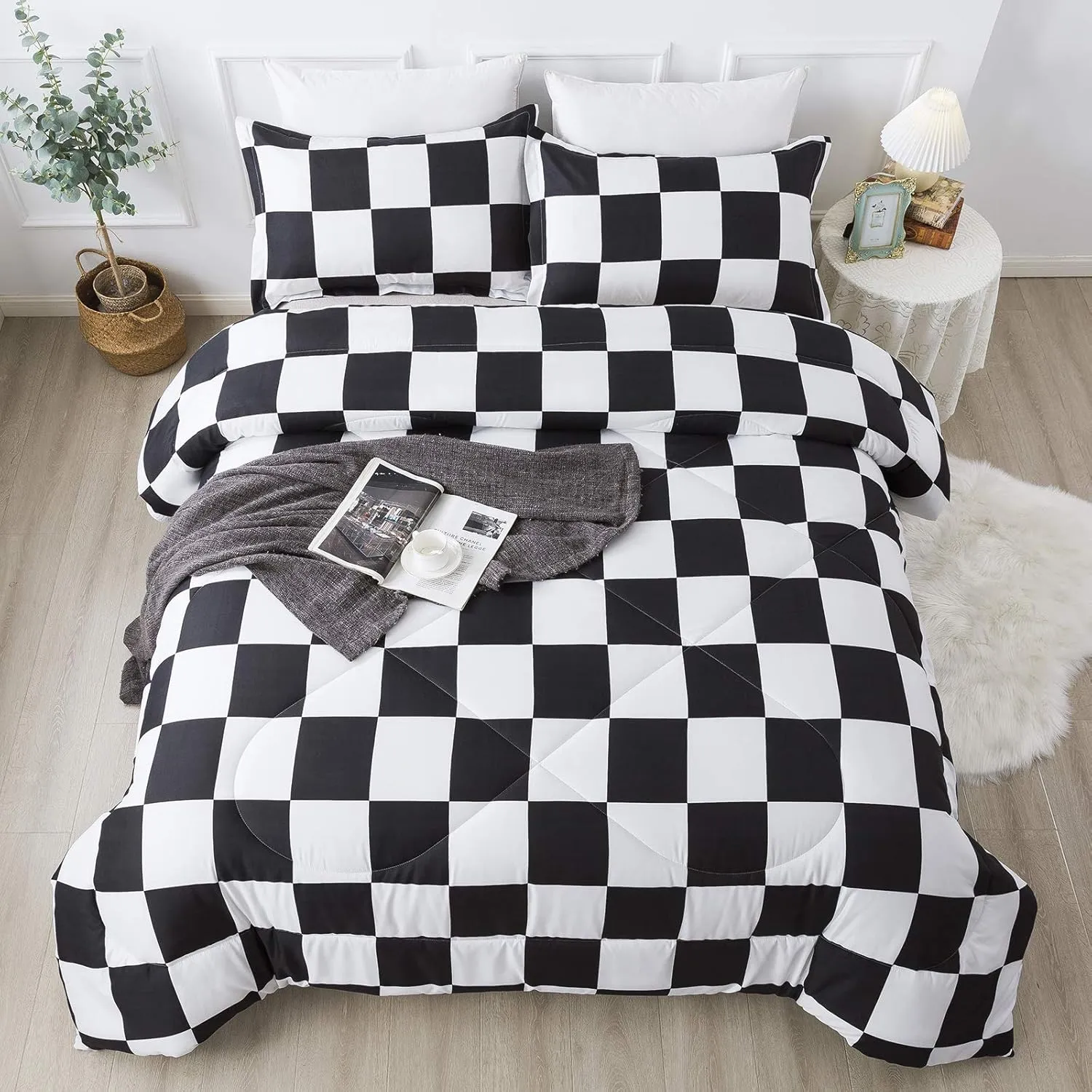 Andency Checkered Comforter Queen(90x90Inch), Black White Plaid Gingham Bed Set for Teen Boys Kids, Lightweight Microfiber Geometric Preppy Bedding，2 Pieces