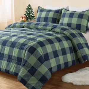 Andency Green Plaid Comforter Queen(90x90Inch), 3 Pieces (1 Comforter, 2 Pillowcases) Buffalo Checkered Gingham Bed Set, Soft Geometric Bedding for Boys
