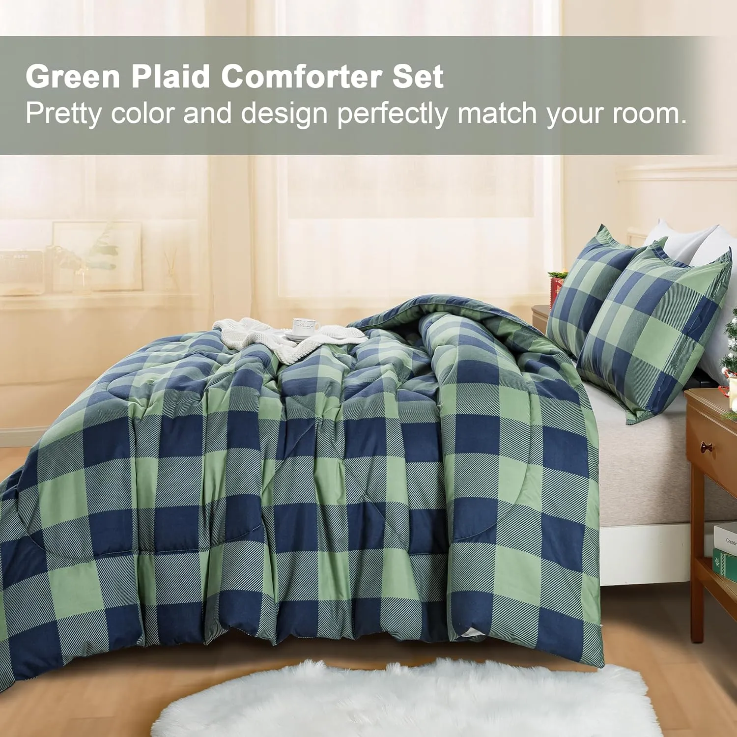 Andency Green Plaid Comforter Queen(90x90Inch), 3 Pieces (1 Comforter, 2 Pillowcases) Buffalo Checkered Gingham Bed Set, Soft Geometric Bedding for Boys