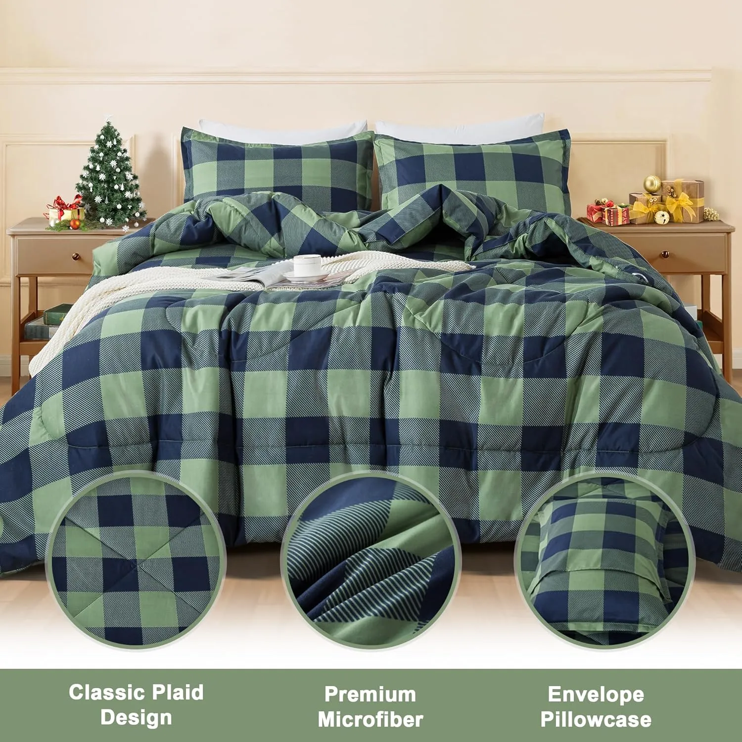 Andency Green Plaid Comforter Queen(90x90Inch), 3 Pieces (1 Comforter, 2 Pillowcases) Buffalo Checkered Gingham Bed Set, Soft Geometric Bedding for Boys