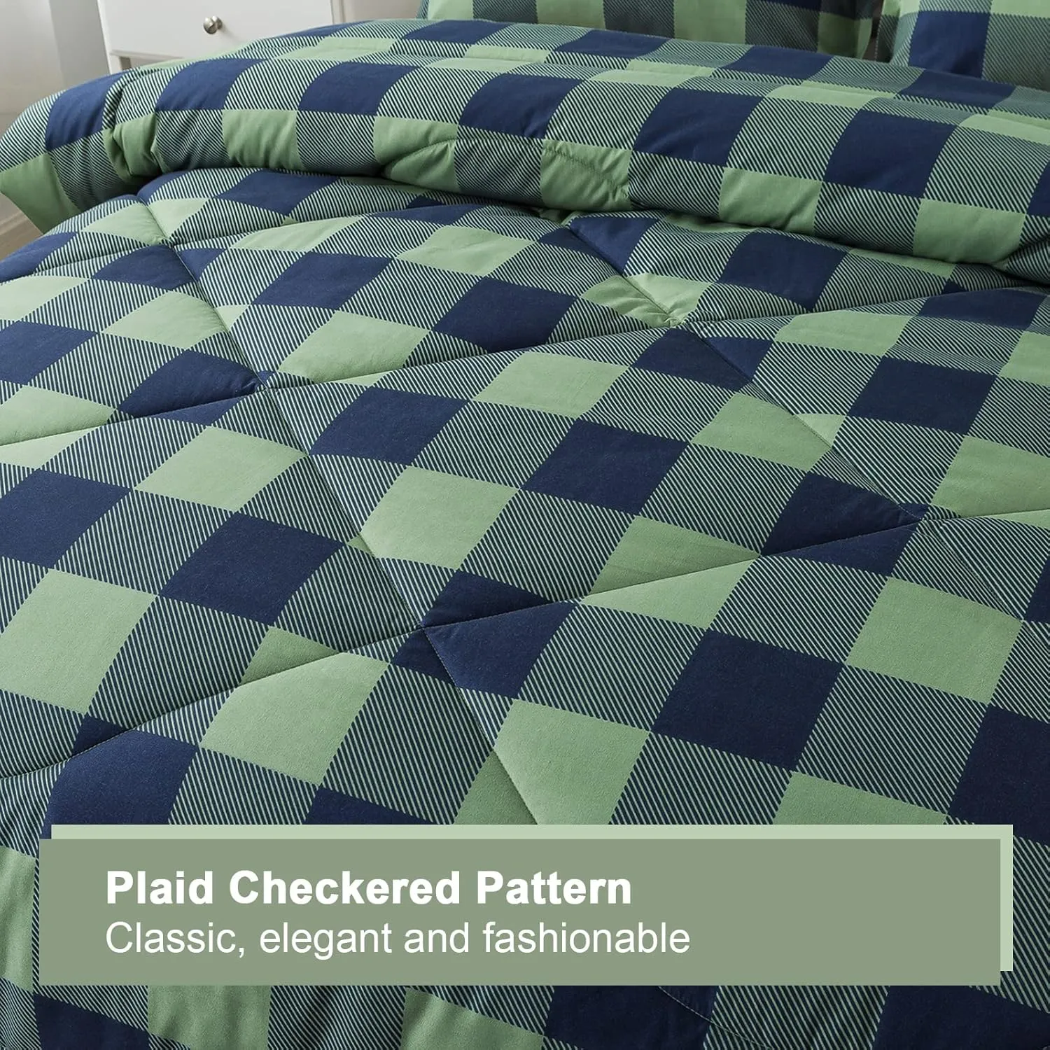 Andency Green Plaid Comforter Queen(90x90Inch), 3 Pieces (1 Comforter, 2 Pillowcases) Buffalo Checkered Gingham Bed Set, Soft Geometric Bedding for Boys