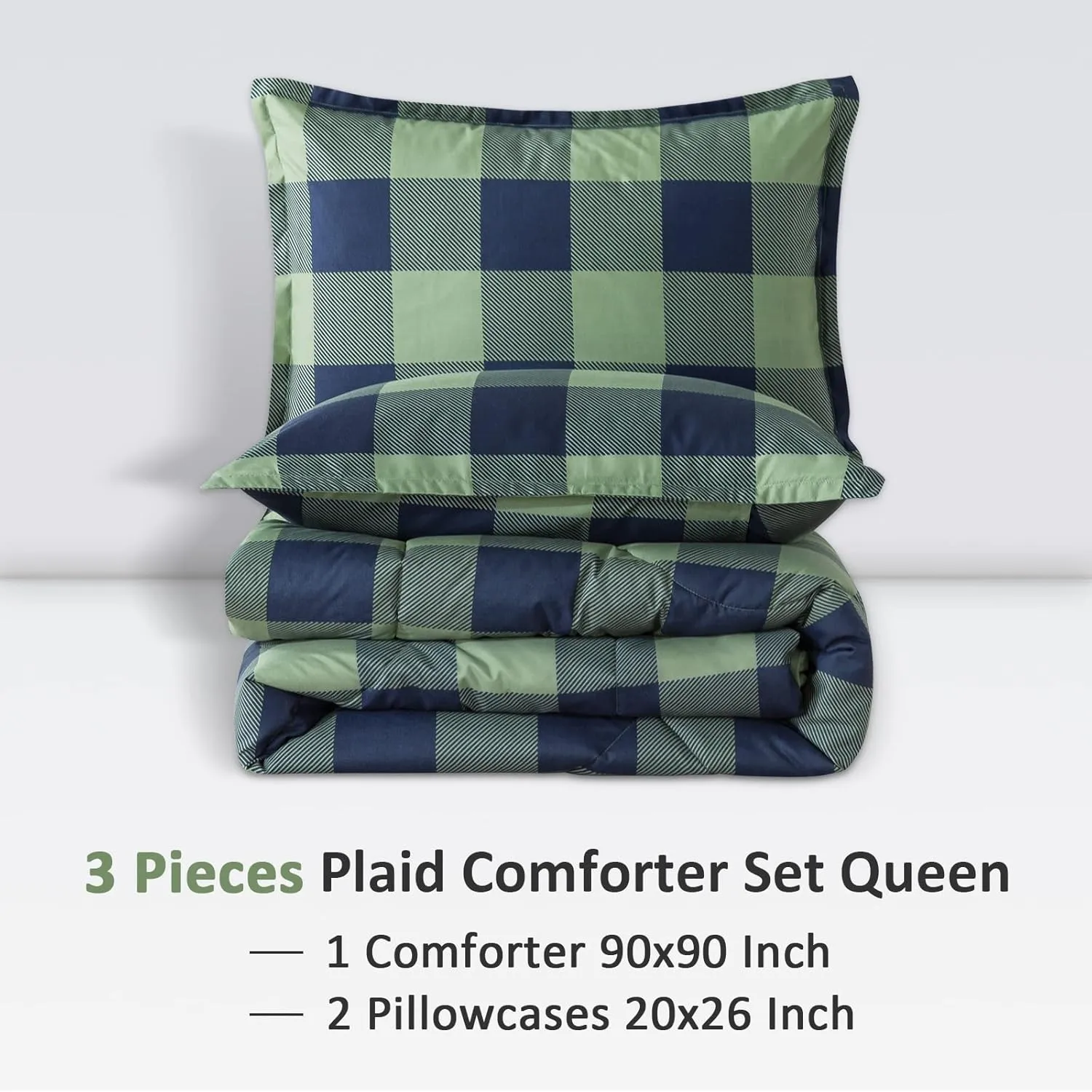 Andency Green Plaid Comforter Queen(90x90Inch), 3 Pieces (1 Comforter, 2 Pillowcases) Buffalo Checkered Gingham Bed Set, Soft Geometric Bedding for Boys