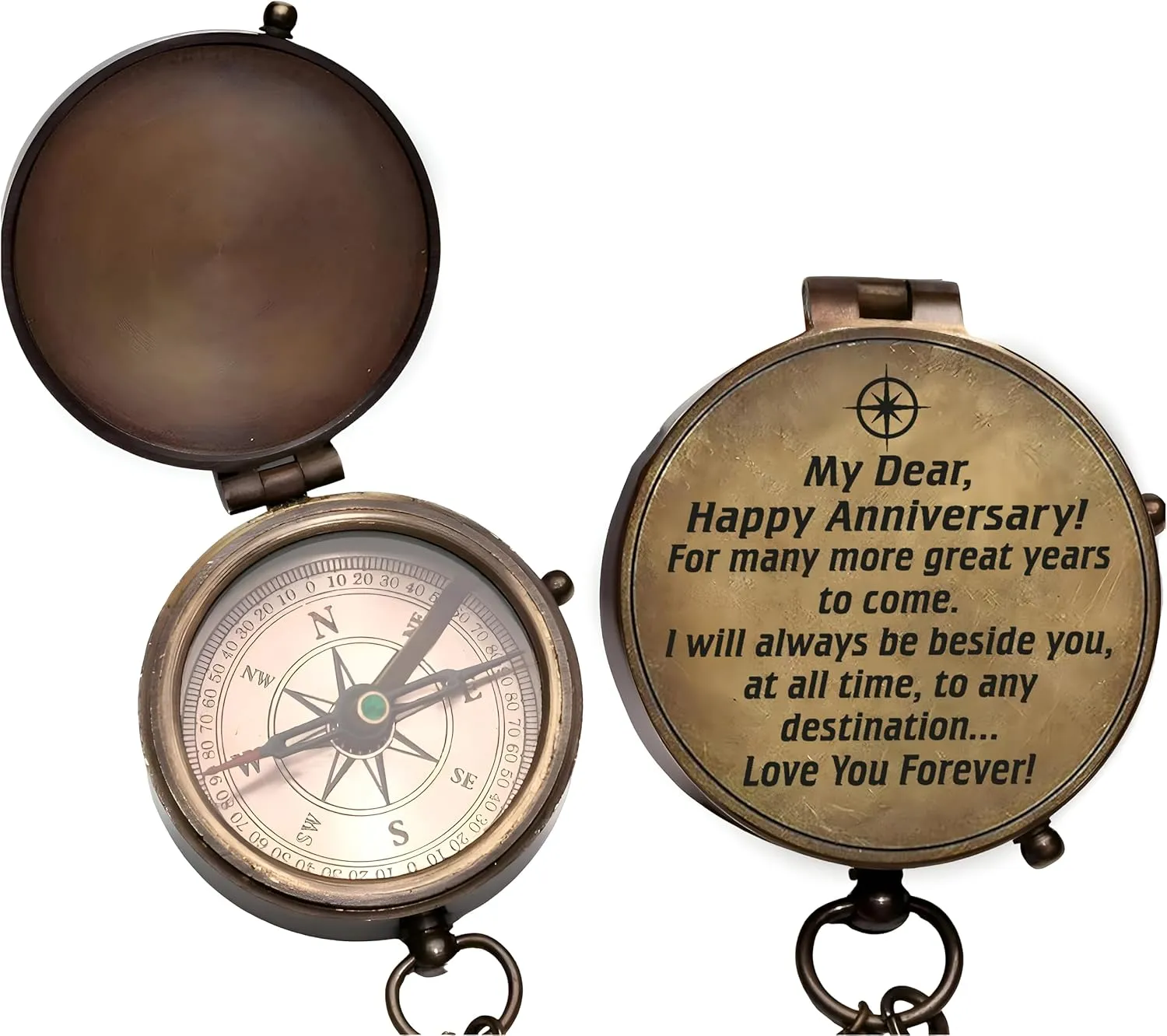 Anniversary Brass Sundial Compass with Special Engraved Greeting - Romantic Gift Ideas for His/her - Husband Gifts from Wife, for Men,