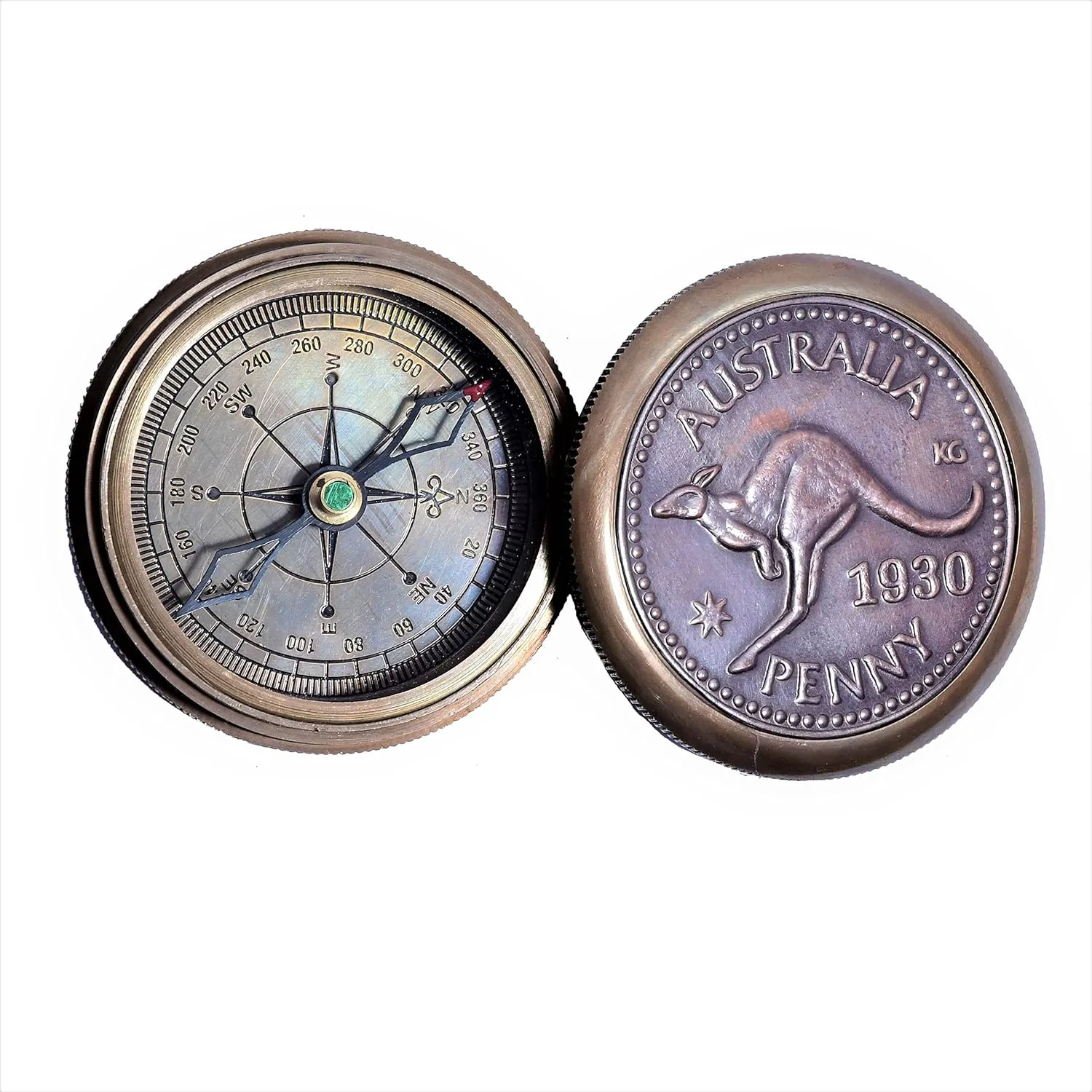 Antique Brass Compass for Hiking, Camping, Trekking, Travelling Vintage Directional Magnetic Kangaroo Compass Engraved Baptism Gifts by AS Brass Instruments
