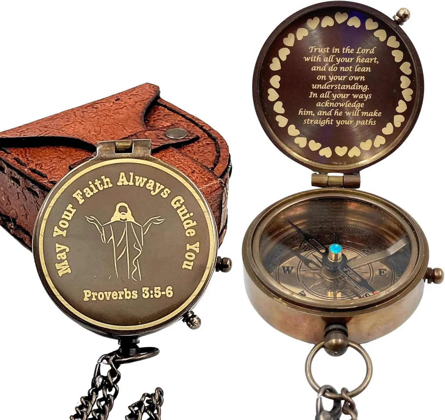 Antique Brass Compass with “Trust in The Lord” Engraving and Leather Case - Religious - Inspiration - Gift for him/her - Graduation Day Gifts - Baptism Gifts Compass for Women Mens Boy Girls