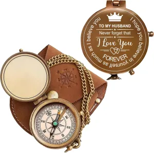 Antique Brass Engraved Compass with Leather Case – to My Husband Personalized Pocket Compass – Vintage Nautical Gift for Anniversary, Birthday & Outdoor Adventures (Antique My Husband-3)