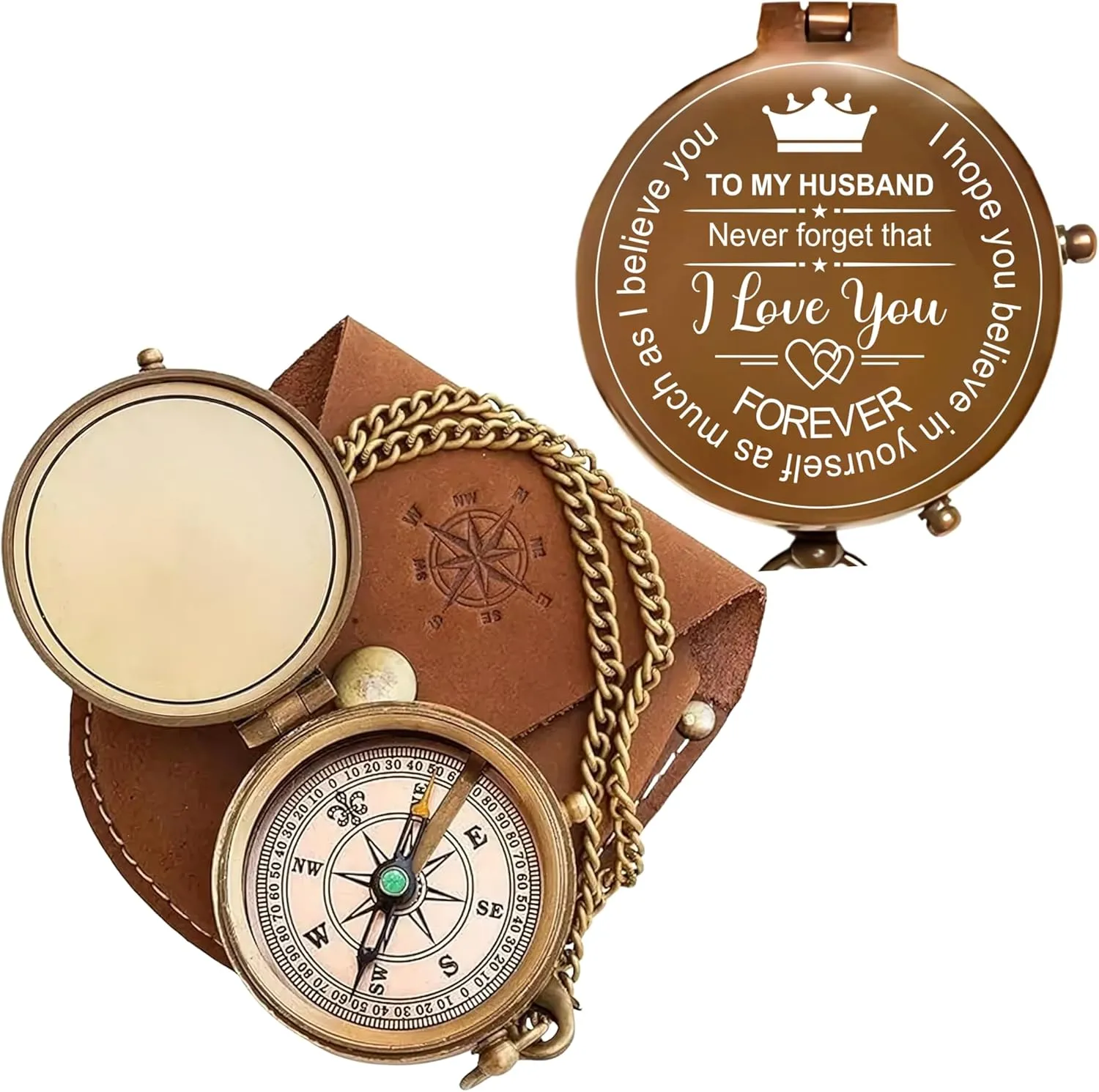 Antique Brass Engraved Compass with Leather Case – to My Husband Personalized Pocket Compass – Vintage Nautical Gift for Anniversary, Birthday & Outdoor Adventures (Antique My Husband-3)