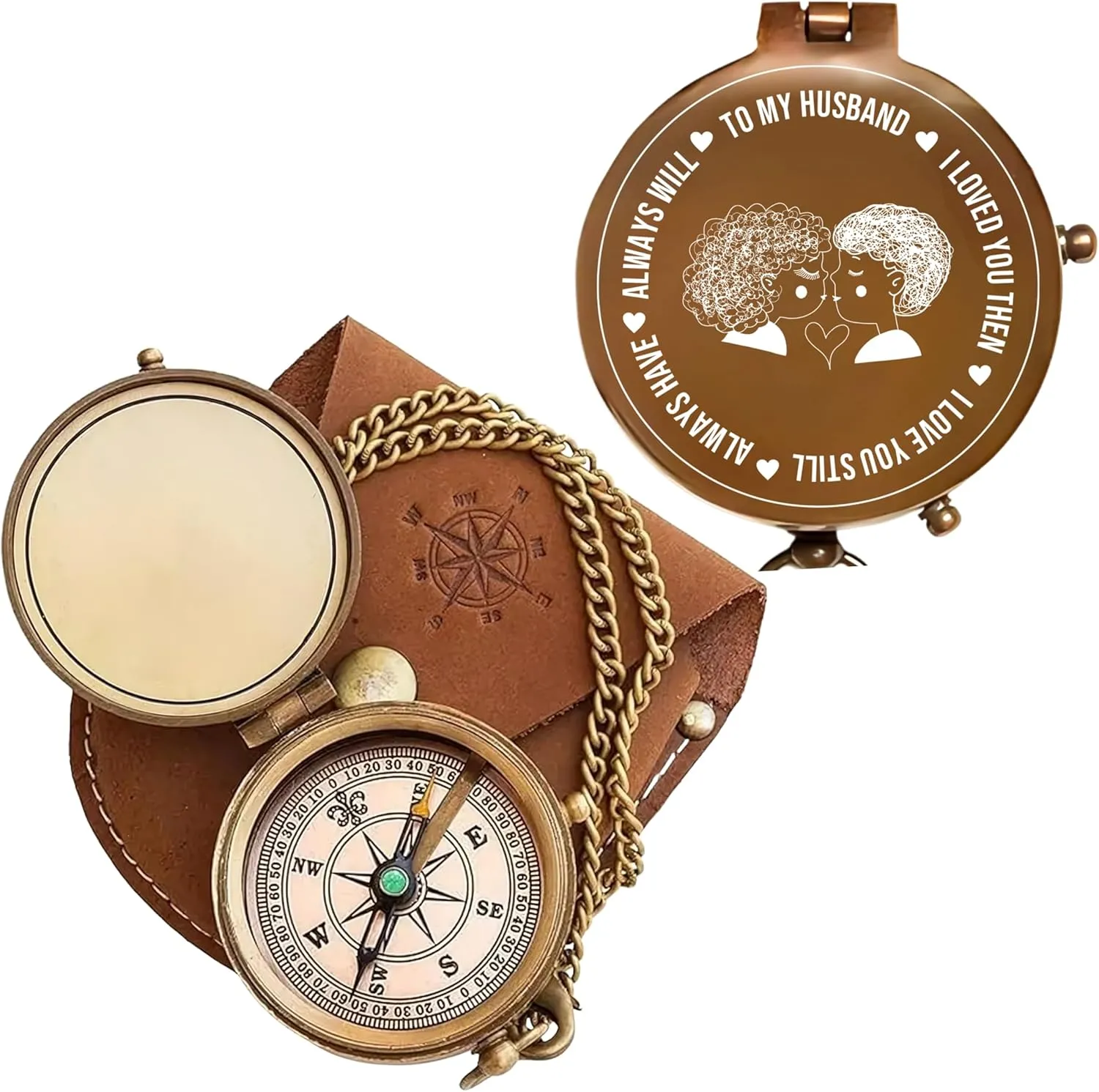 Antique Brass Engraved Compass with Leather Case – to My Husband Personalized Pocket Compass – Vintage Nautical Gift for Anniversary, Birthday & Outdoor Adventures (Antique My Husband-5)