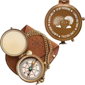 Antique Brass Engraved Compass with Leather Case – to My Husband Personalized Pocket Compass – Vintage Nautical Gift for Anniversary, Birthday & Outdoor Adventures (Antique My Husband-5)