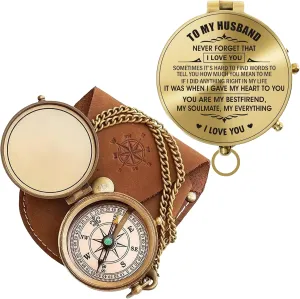 Antique Brass Engraved Compass with Leather Case – to My Husband Personalized Pocket Compass – Vintage Nautical Gift for Anniversary, Birthday & Outdoor Adventures (Polish My Husband-2)