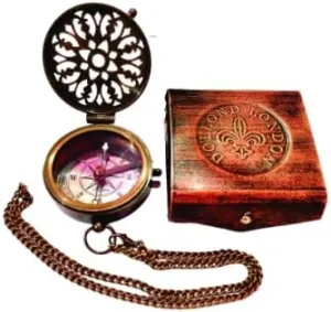 Antique Brass Nautical Compass with Chain, 2 inch, Stamped Leather Box Functional Direction Compass, Table top Decor, Gift Item