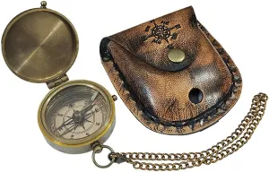 Antique Brass Nautical Pocket Compass with Leather Case Vintage Camping & Hiking Directional Tool Engravable Gift for Men Outdoor Navigation Travel Accessory Adventure Gift Survival Gear