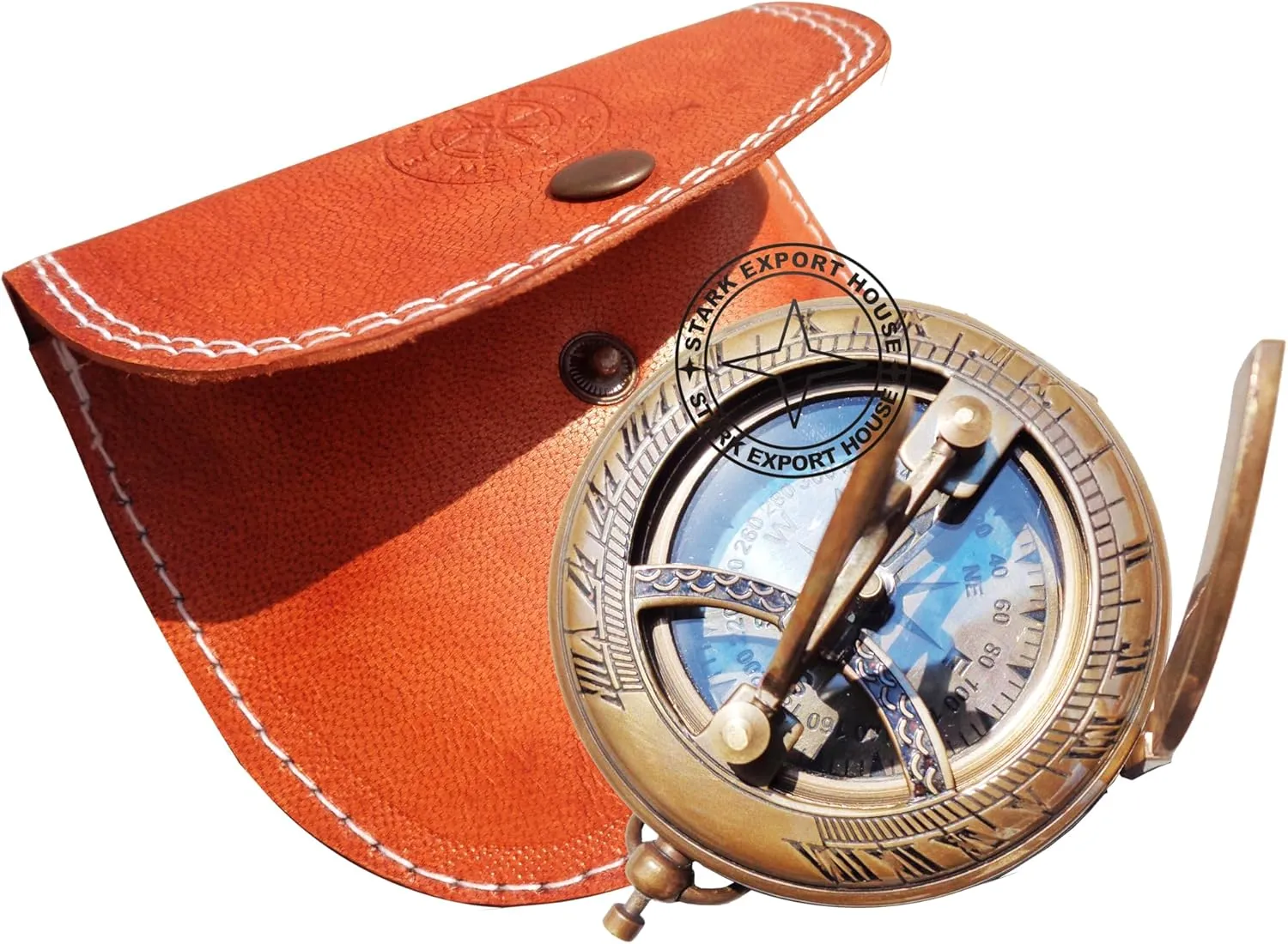 Antique Brass Pocket Sundial Compass for Navigation Outdoor Activities Camping Hiking 3 inch with Leather Box (MKSPR)