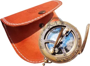 Antique Brass Pocket Sundial Compass for Navigation Outdoor Activities Camping Hiking 3 inch with Leather Box (MKSPR)