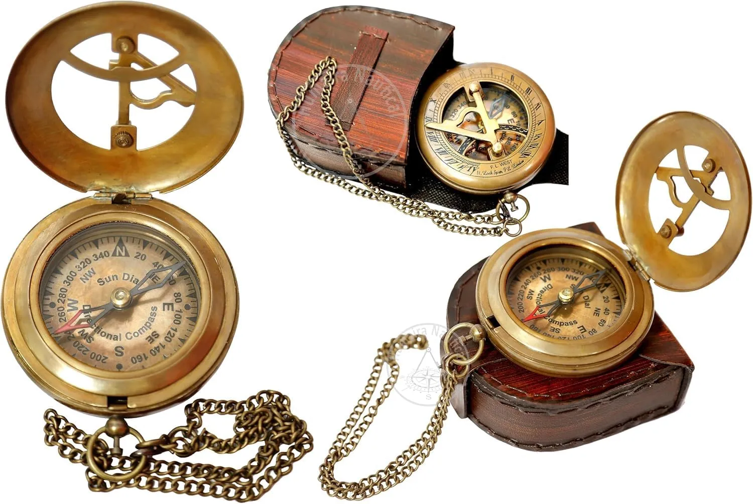 Antique Marine Brass Sundial Compass with Leather Case and Chain Antiquated Finish Beautiful Handmade Gift Sundial Clock by New Lite Hub