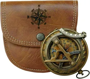 Antique Nautical Brass Sundial Pocket Compass with Leather Case | Maritime Adventure Accessory for Sailors and Travelers