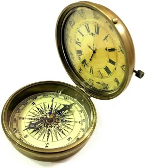 Antique Vintage Nautical Pocket Compass Analog Clock 3" Brass Navigation Compass Decor by The Modern Miracles