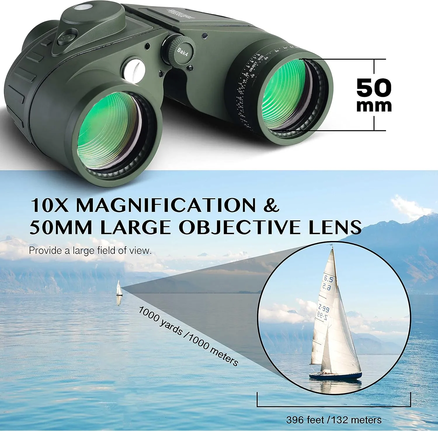 AOMEKIE Marine Binoculars for Adults 10x50 Waterproof Binoculars with Rangefinder Compass BAK4 Prism FMC Lens for Birdwatching Hunting Boating